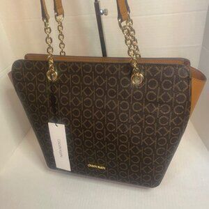 Calvin Klein Hailey Signature Tote in color brown khaki caramel